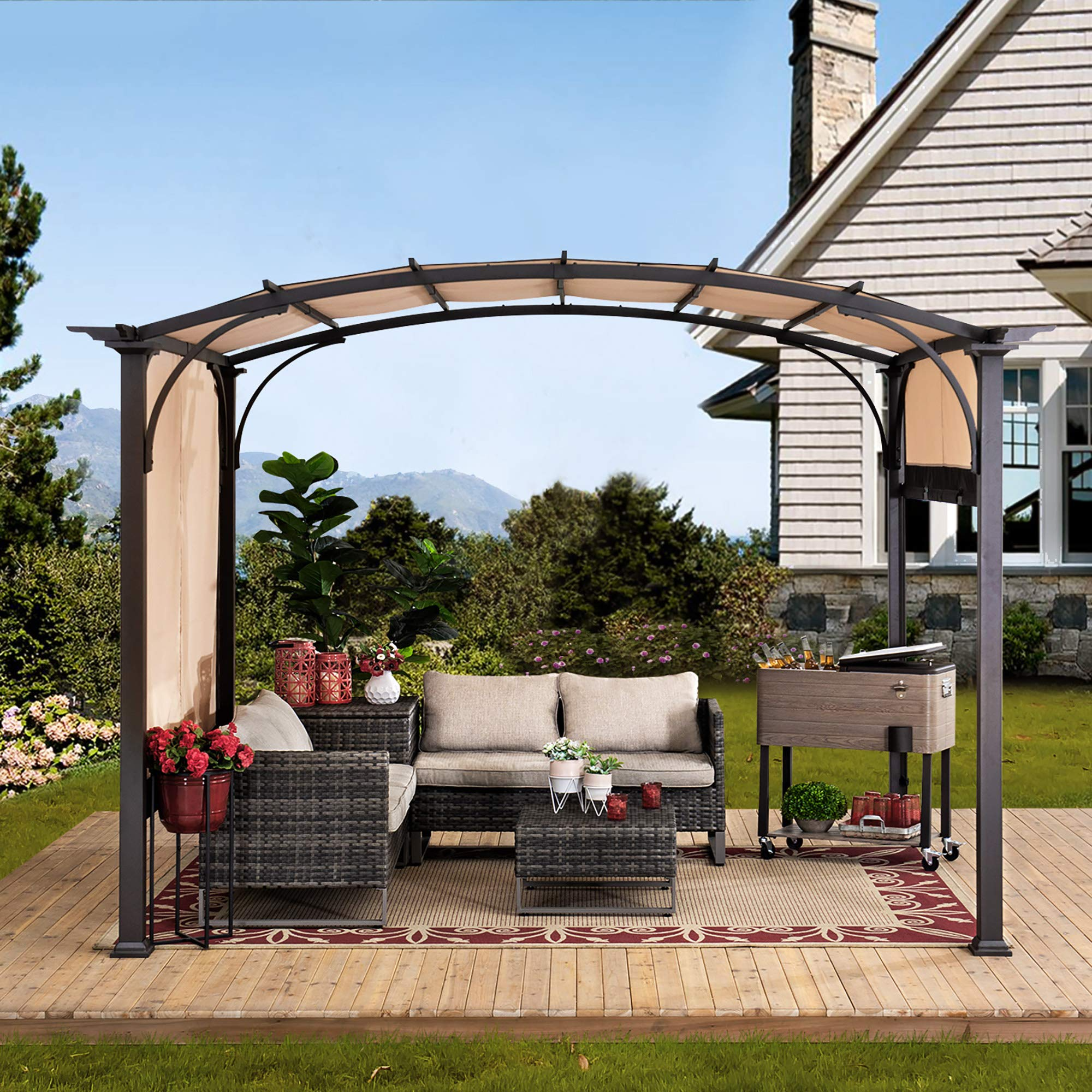 【Home&Garden】9.5x11 Steel Arched Pergola with 2-Tone Adjustable Shade, Tan & Brown