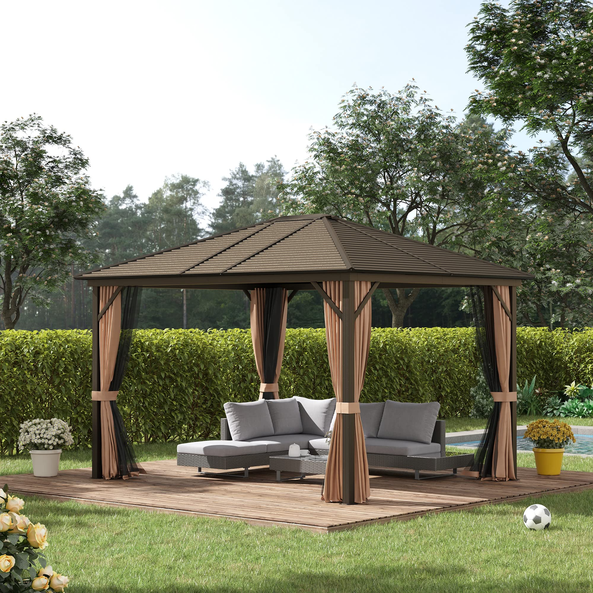 【Gazebo】Deluxe Steel Hardtop Patio Gazebo Garden Sun Shelter Aluminum Frame Heavy Duty Outdoor Pavilion