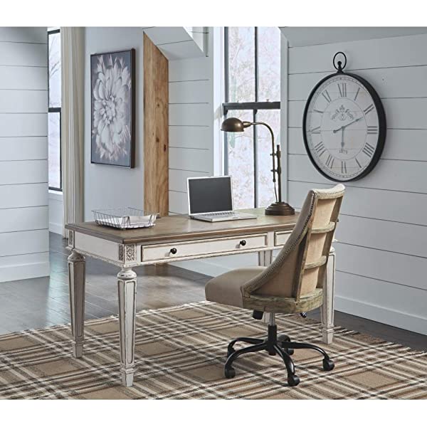 Signature Design by Ashley Realyn Farmhouse 60" Home Office Desk with USB Charging, Chipped White
