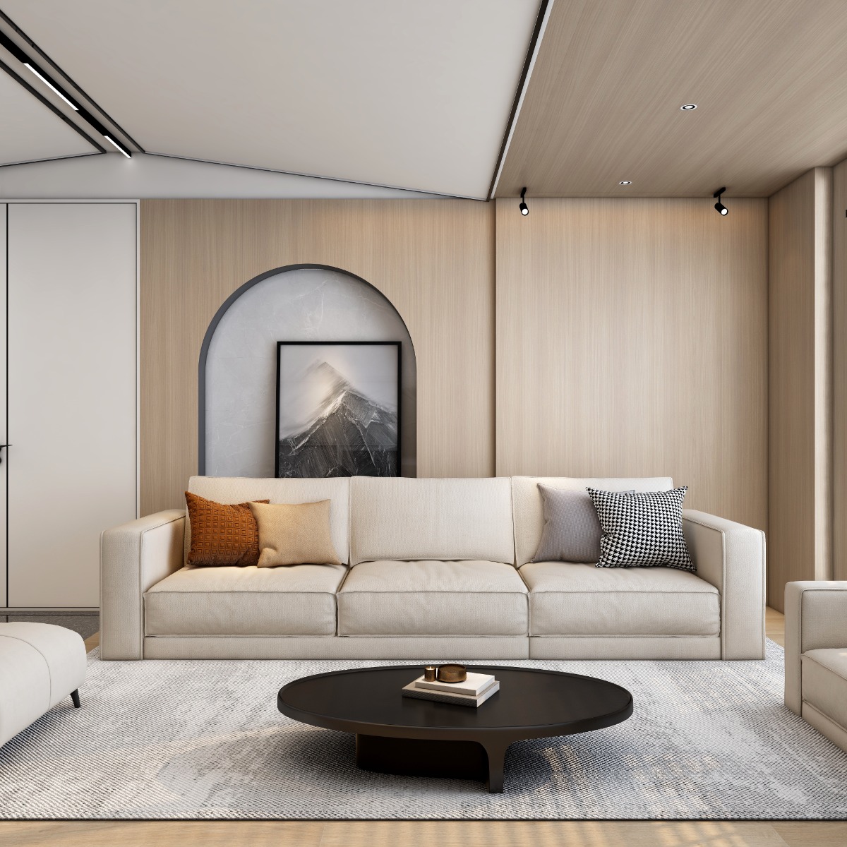 Modern 4 Seater Sofa with Wide Armrest, 4 Pillows, Pine Wood Frame, Bamboo Charcoal Sponge, Cat Scratch Fabric, Beige, 110.24