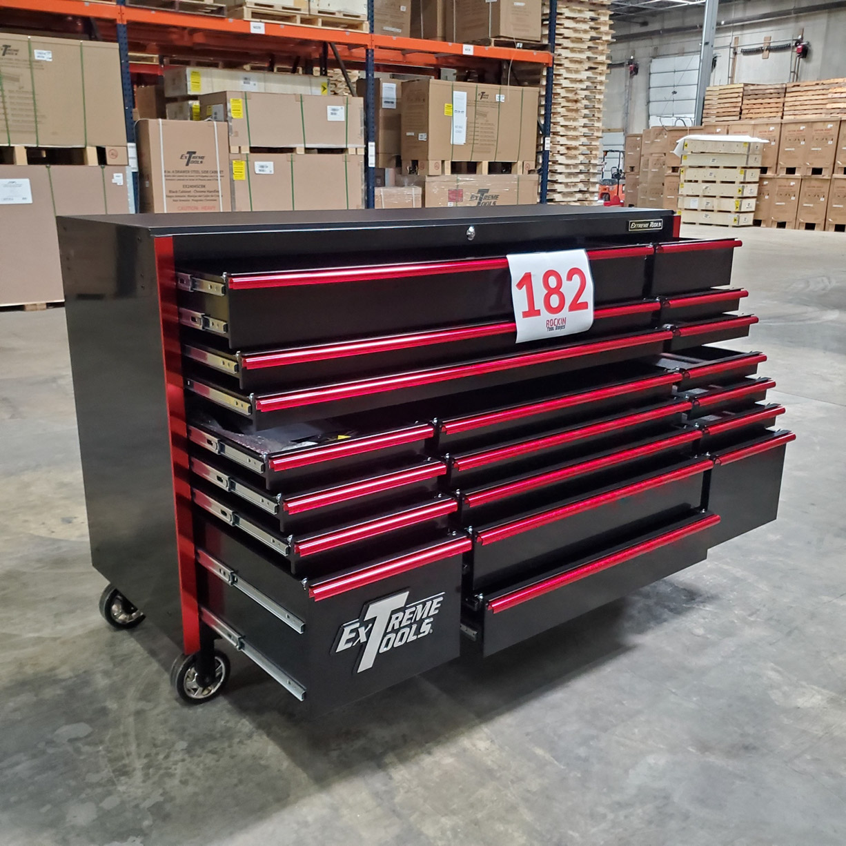 n- used toolboxShowroom Demo, Extreme Tools RX Series 72 19 Drawers 25 Deep Roller Cabinet, Black-Red, 150 lbs. Slidesn-