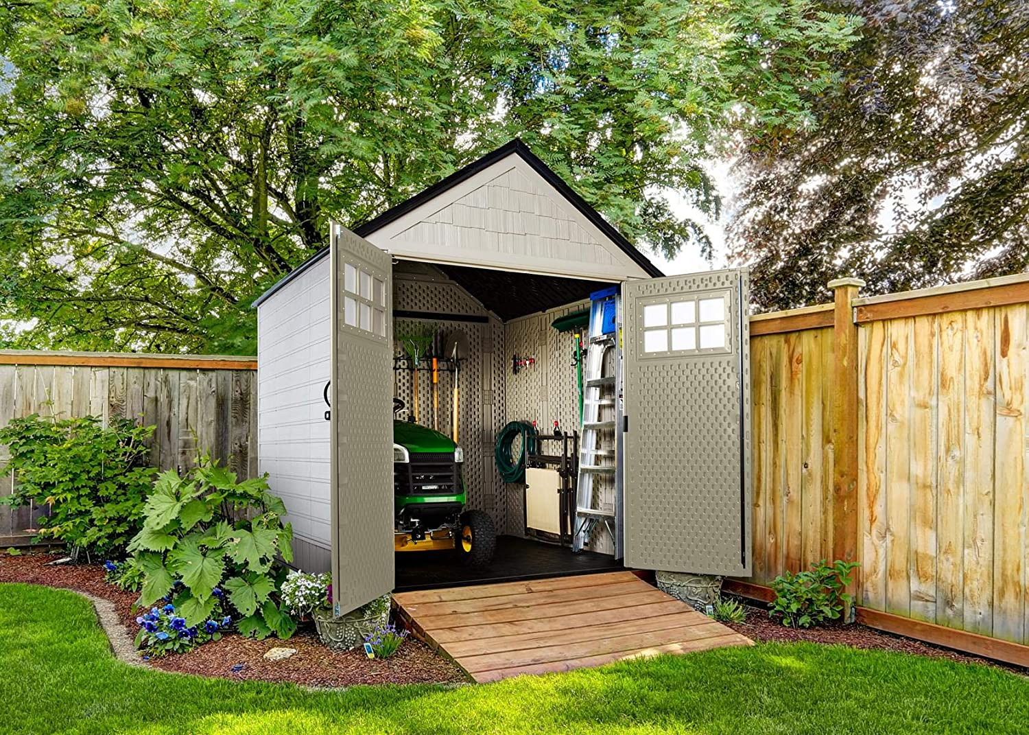 Rubbermaid 7 x 7 Feet Weather Resistant Resin Outdoor Storage Shed + 34 Inch Garden Tool & Sports Storage Rack for Sheds