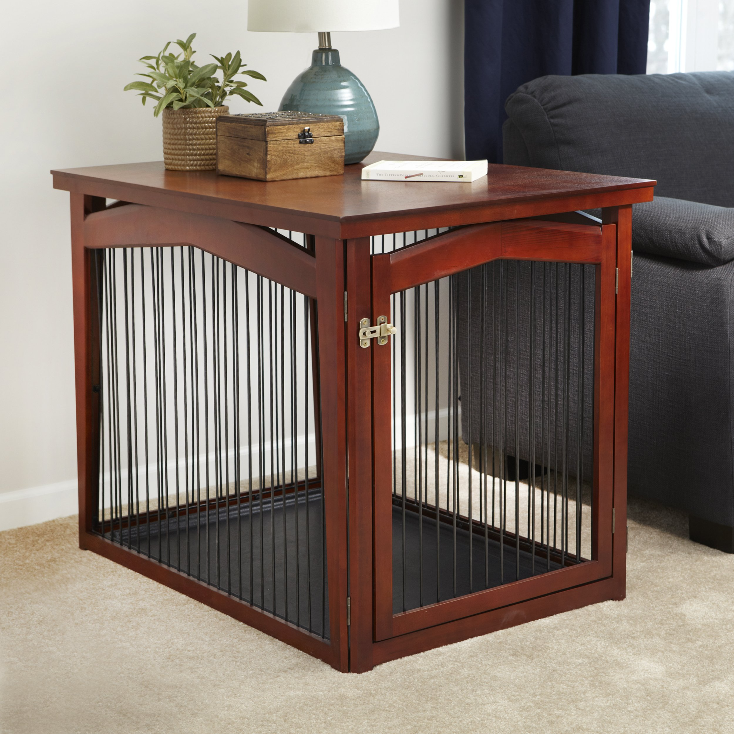 【Pet】2-in-1 Configurable Pet Crate and Gate, Brown, Large