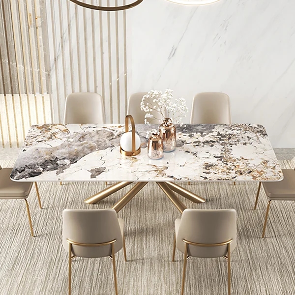 63" Modern Sintered Stone Top Rectangle Dining Table in Pandora & Gold with Trestle