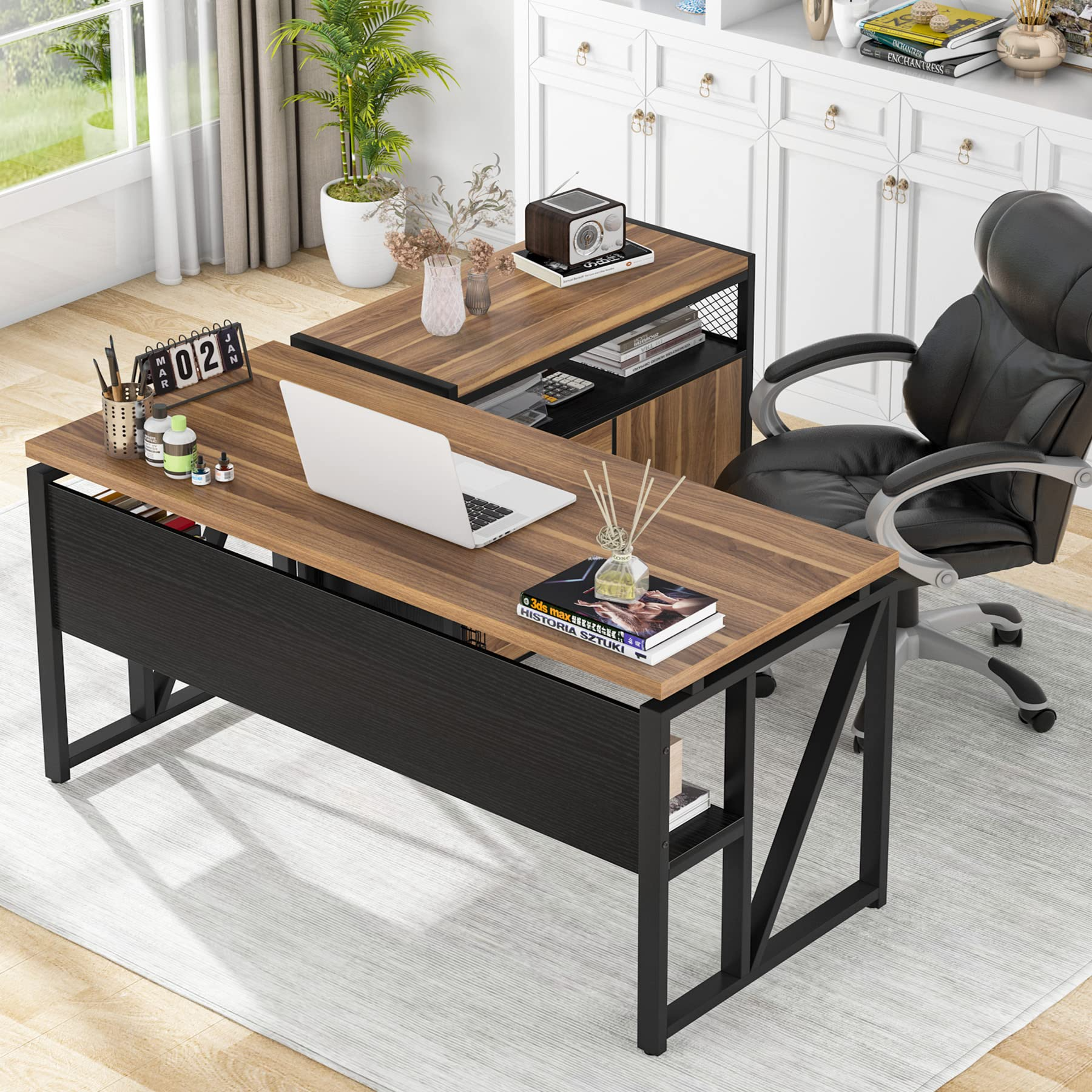 【Furniture】L Shaped Desk with Drawer Cabinet, 55" Executive Computer Desk and lateral File Cabinet