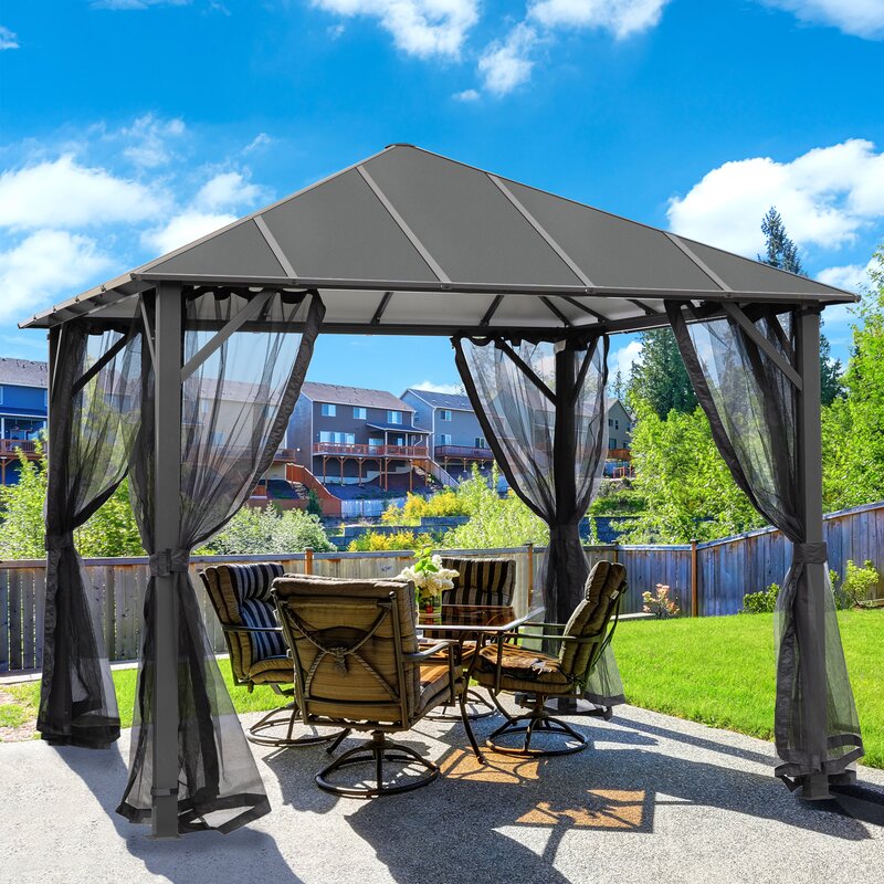 【Gazebo】10x10 ft Hardtop Gazebo, Outdoor Canopy Gazebo with Netting & Shaded Curtains for Patio
