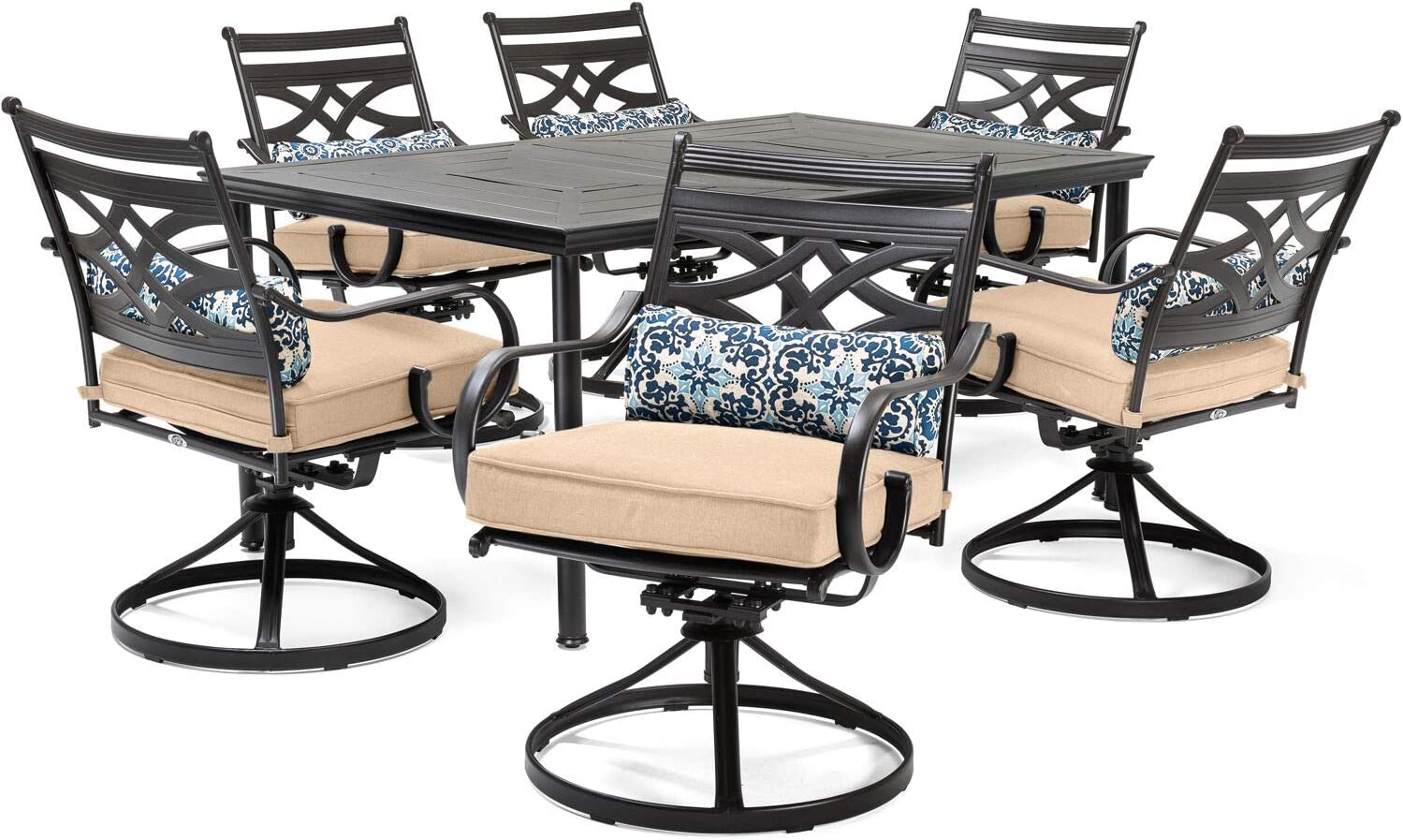 Hanover Montclair 7-Piece All-Weather Outdoor Patio Dining Set, 6 Swivel Rocker Chairs with Comfortable Tan Seat and Lumbar Cushions, 40"x66" Stamped Rectangle Table, MCLRDN7PCSQSW6-TAN