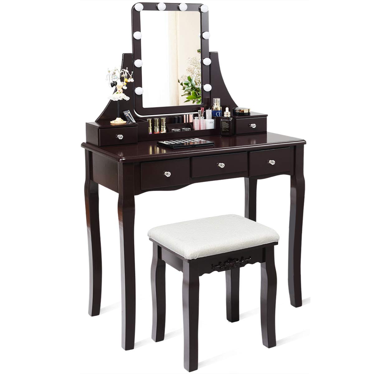 【Furniture】Vanity Set with Lighted Mirror, 10 Dimmable Light Bulbs Vanity 5 Drawer