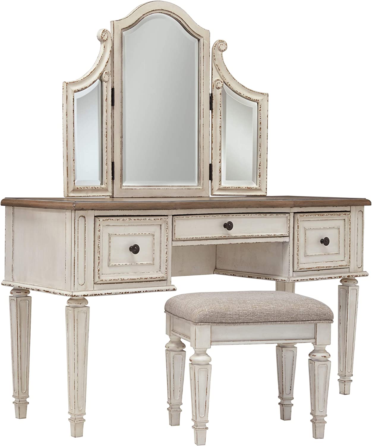 Signature Design by Ashley Realyn Traditional Cottage 3 Drawer Vanity Set with Dovetail Construction, Mirror & Stool Included, Chipped White, Distressed Brown