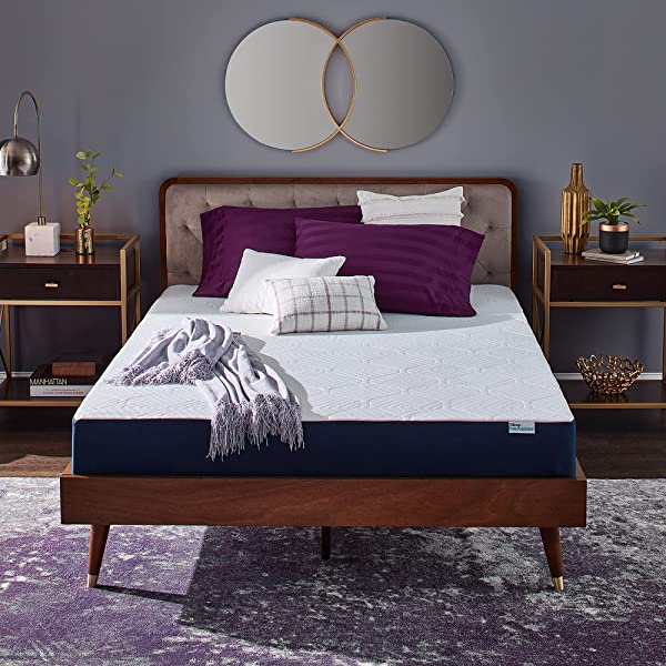 Sleep Innovations Hudson Hybrid Cooling Memory Foam Innerspring Mattress, 12 Inches, Queen Blue and White Queen 12 Inch Hybrid Mattress